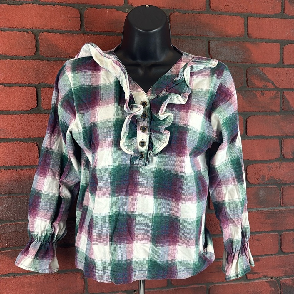 Fox Hollow Shirt Womans‎ Large Plaid Ruffled